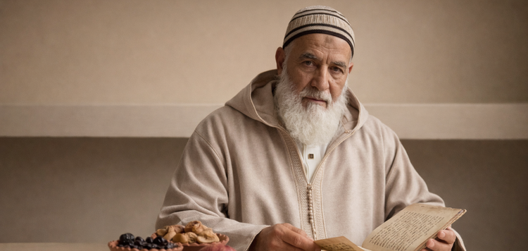 Man in traditional attire reading a book with fruits on a table